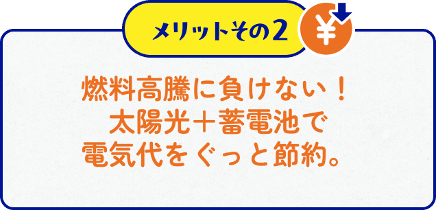 メリットその２　燃料高騰に負けない！太陽光＋蓄電池で電気代をぐっと節約。